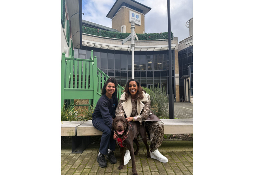 Alison Hammond with Battersea Employee and chocolate Labrador