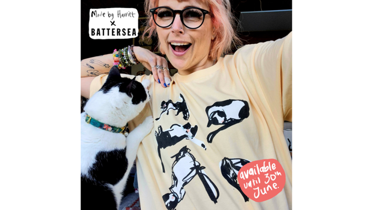Harriet wearing one of her designs. Text says "Made by Harriet x Battersea" and "available until 30th June".