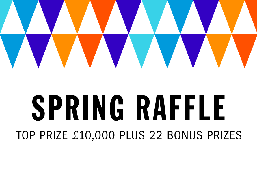 Image with text "Spring raffle, top prize £10,000 plus 22 bonus prizes"
