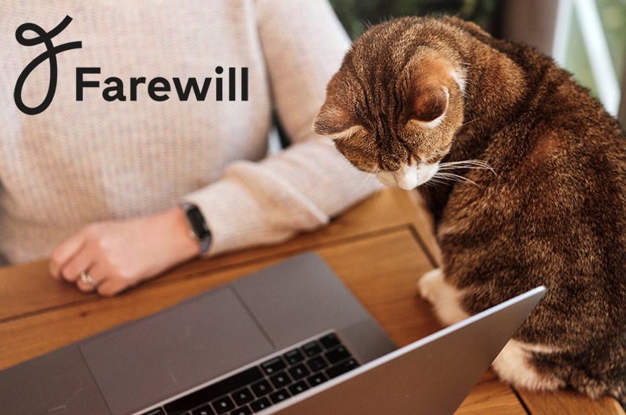 Woman sitting at a desk with a laptop while a cat looks on, with the Farewill logo overlaid.