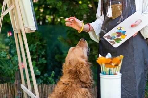 A person painting and a dog looking up at them