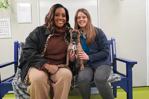 Alison Hammond and Battersea employee sitting on a bench with puppy 