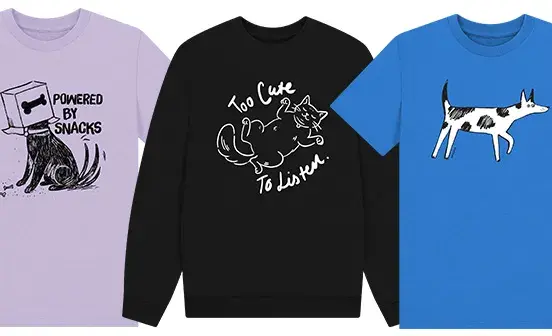 Collage of various t-shirts and jumpers with cat and dog designs