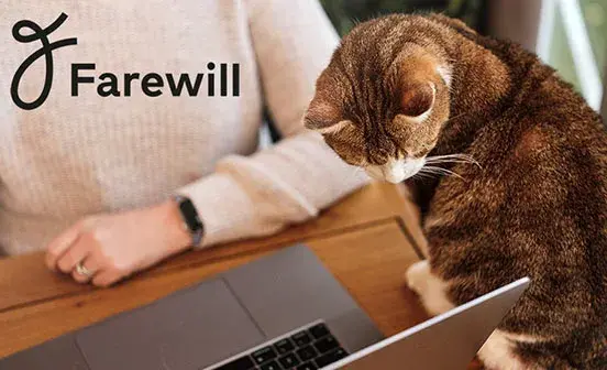 Woman sitting at a desk with a laptop while a cat looks on, with the Farewill logo overlaid.