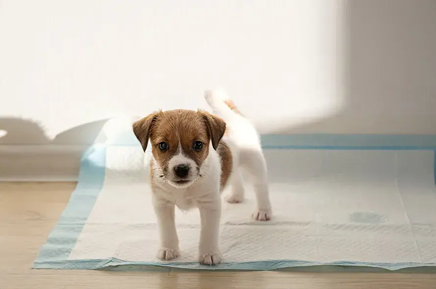 Puppy standing on a puppy pad