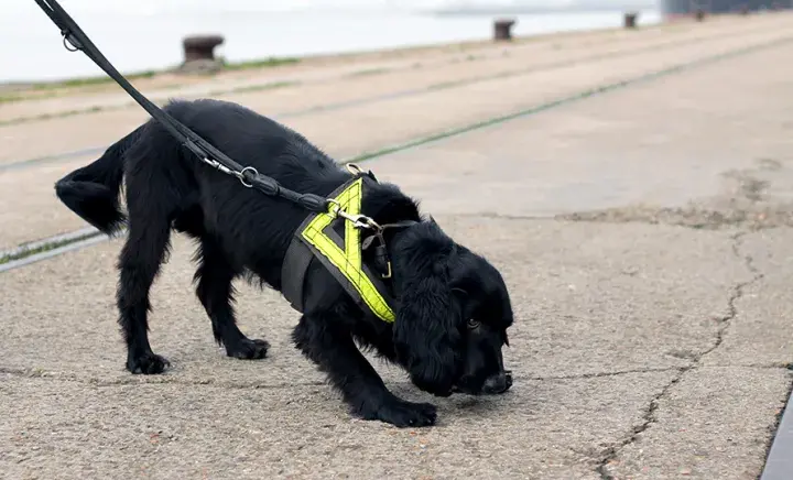 Working cocker spaniel sniffing the ground