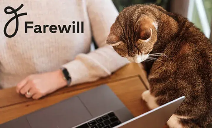 Woman sitting at a desk with a laptop while a cat looks on, with the Farewill logo overlaid.