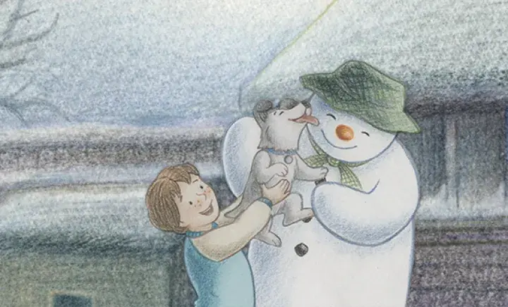 Snowman, Snowdog and a little boy playing together
