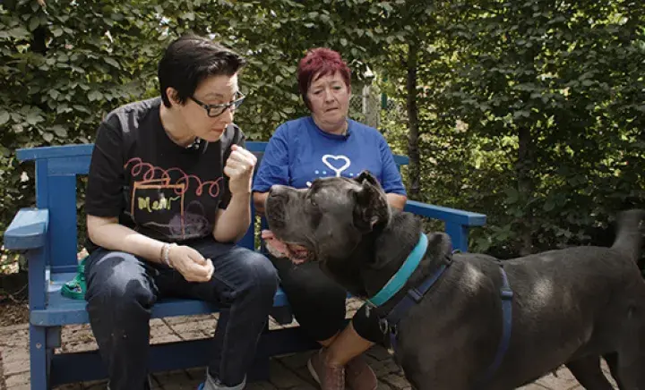 Sue Perkins and Ali with Battersea big dog, Ava